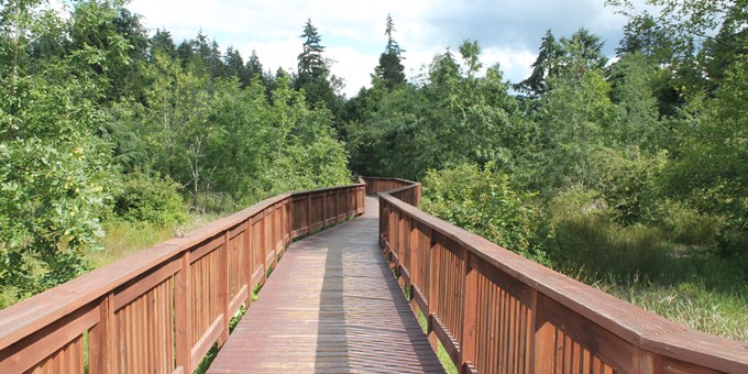 ebright creek park wooden boardwalk through natural area