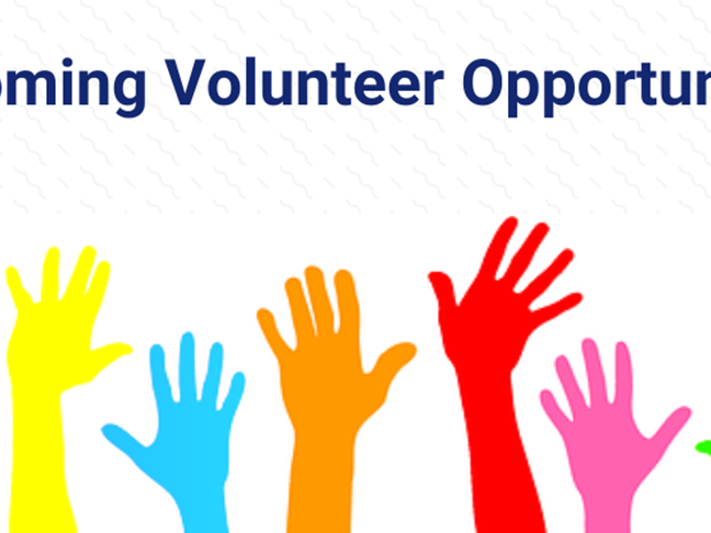 Sign saying Upcoming Volunteer Opportunities with several different colored hands raised - blue, green, yellow, turquoise, orange, red, pink, neon green, and purple.